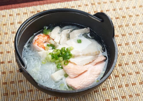 chinese traditional seafood noodle soup.Shallow depth-of-field.