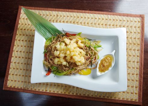 Japanese cuisine .Soba Noodle and Tempura Seafood and Vegetables