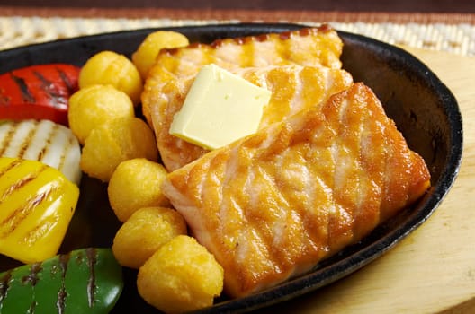 Japanese cuisine .Salmon Steak with Vegetable 