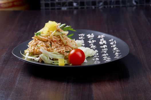 Japan salad with smoked chicken and vegetables   closeup
