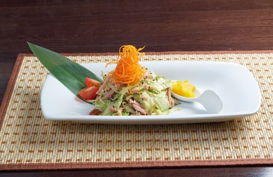 Japan salad with smoked chicken and vegetables   closeup