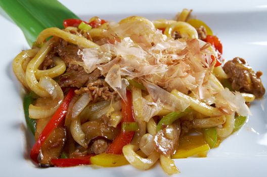 Japanese cuisine .udon with meat and vegetables