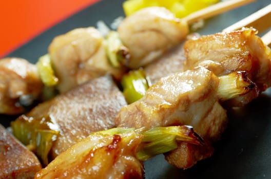 Japanese skewered chicken,pork,meatYakitori  .closeup