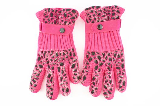 Pink ladies knitted gloves with tiger pattern on a white background