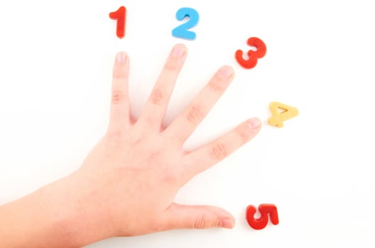 Child hand with colored figures on an isolated white background