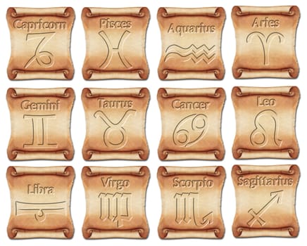 Set of zodiac symbols on ancient scrolls