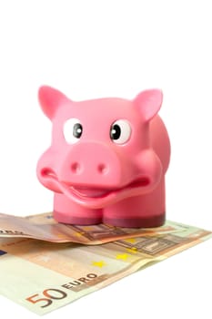 Smiling Pink Saving Pig on 50 euro notes