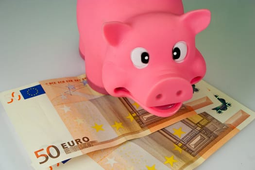 Smiling Pink Saving Pig on 50 euro notes