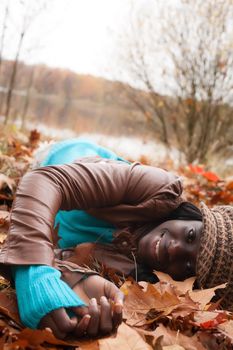 Happy  girl in the forest is having fun