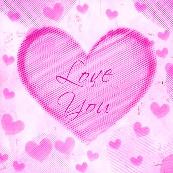 pink retro background, violet striped hearts with text love you, old paper card