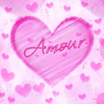 pink retro background, violet striped hearts with text amour, old paper card