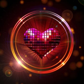 3d shining red disco heart in golden rings with rays of light over glittering background