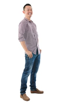 Cheerful full body Asian man standing  isolated on white background
