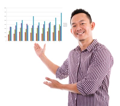 Portrait of an Southeast Asian Chinese man showing business chart on white background.