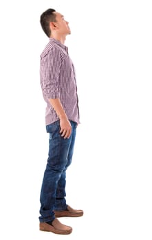 Side view full body Chinese Asian male standing looking up isolated on white background