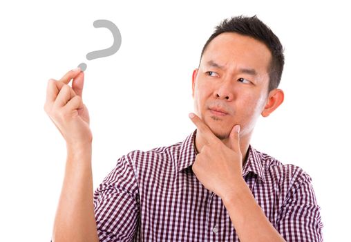Asian man hand holding blank sign with unsure face expression, isolated over white background