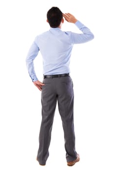 Rear view full body Asian businessman standing isolated white background