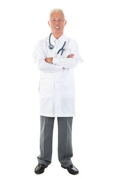 Full body Asian senior doctor standing on white background