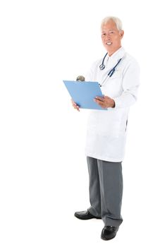 Full body Asian senior doctor reading medical report, standing on white background