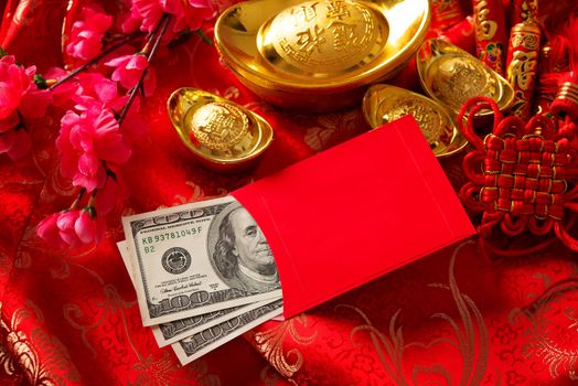Chinese new year festival decorations, red packet or ang pow is given to children and elders during chinese new year for blessing.