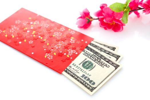 Chinese new year festival decorations on white background, red packet or ang pow is given to children and elders during chinese new year for blessing.