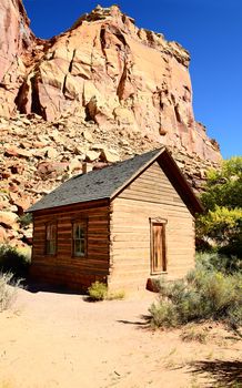 Historic one room log school house in Capitol Reef National Park Utah 