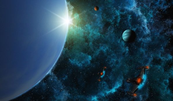 This image shows planets with stars and starships
