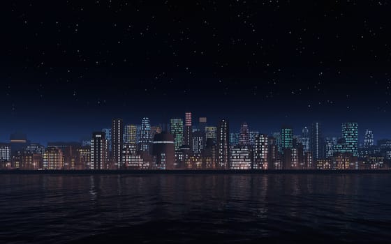 This image shows a city by night at a coastline