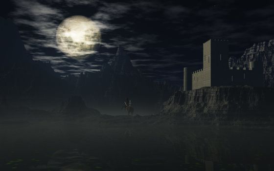 This image shows a dark night with castle and a skeleton rider
