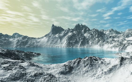 This image shows a Glacial Lake with snow