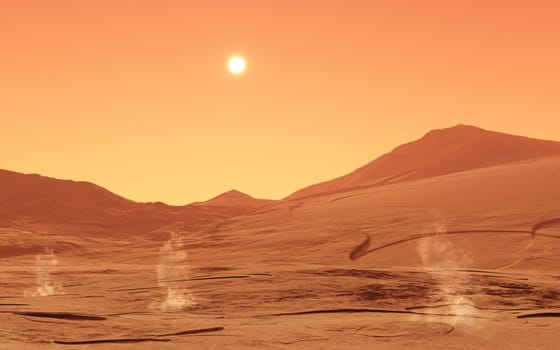 This image shows a summerday from mars with little dust devils