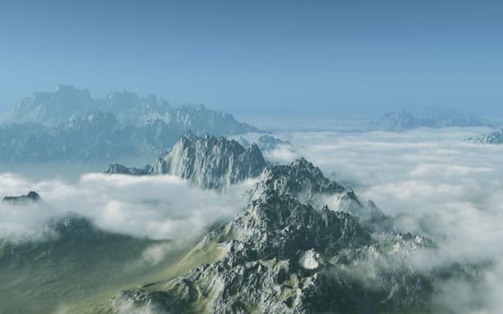 This image shows high mountains over the clouds