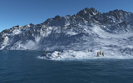 This image shows a summerday in the Antarctica with emperor penguins