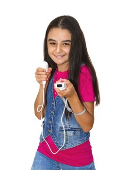 A teenage girl playing video game, isolated on white background