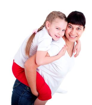 portrait of mom and daughter playing together, isolated on white