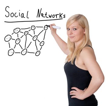 Blonde woman drawing social network structure