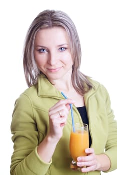 Woman drinking orange juice isolated over a white background
