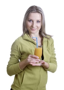 Woman drinking orange juice isolated over a white background