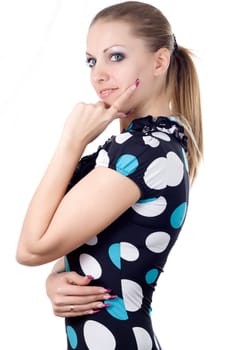 Beautiful young girl in a thoughtful pose isolated on white background
