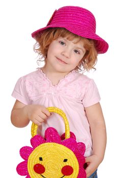 Little girl with hat and bag studio shot