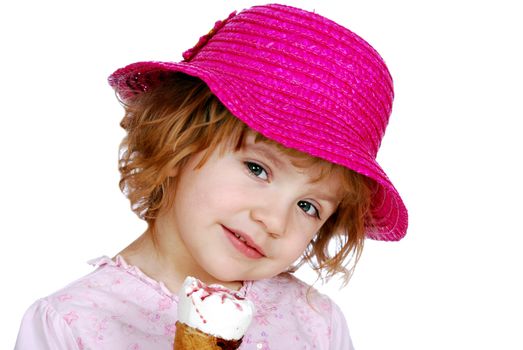 Little girl with red hat and ice cream studio shot