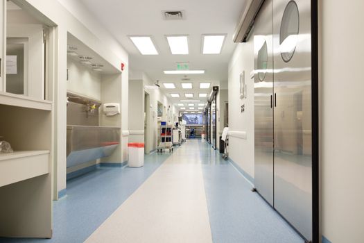 Long empty clean hospital corridor