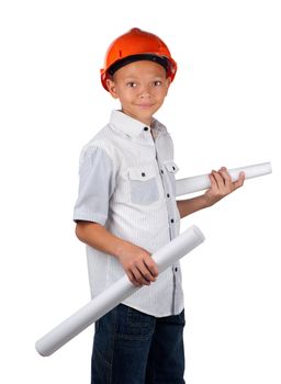 A young boy with building plans and a hard hat resembles an upcoming architect.