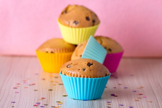 Homemade cupcakes with bright colored silicone molds