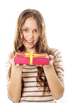 happy girl with gift box over white
