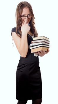 Student with textbooks in her arm isolated