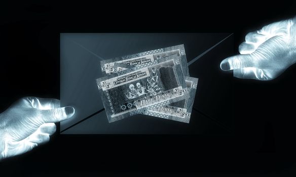 An image of hands holding envelope with money on it. X ray effect
