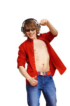 Happy smiling young man dancing and listening to music