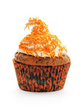 Halloween cupcake with decoration isolated on white