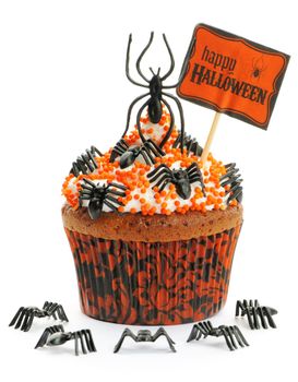 Halloween cupcake with decoration isolated on white